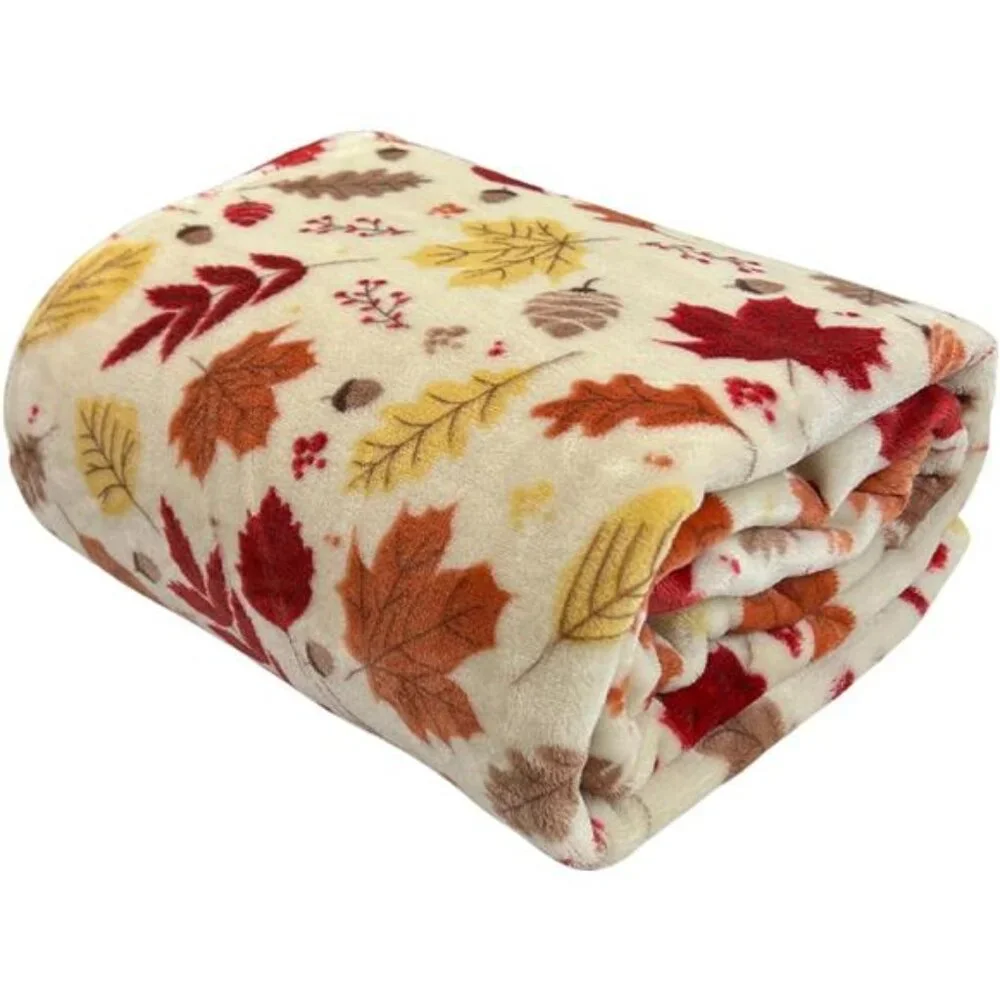 Fall Decor Throw Blanket - Soft & Warm w/ Autumn Leaves‎ in Red, Yellow, Brown,